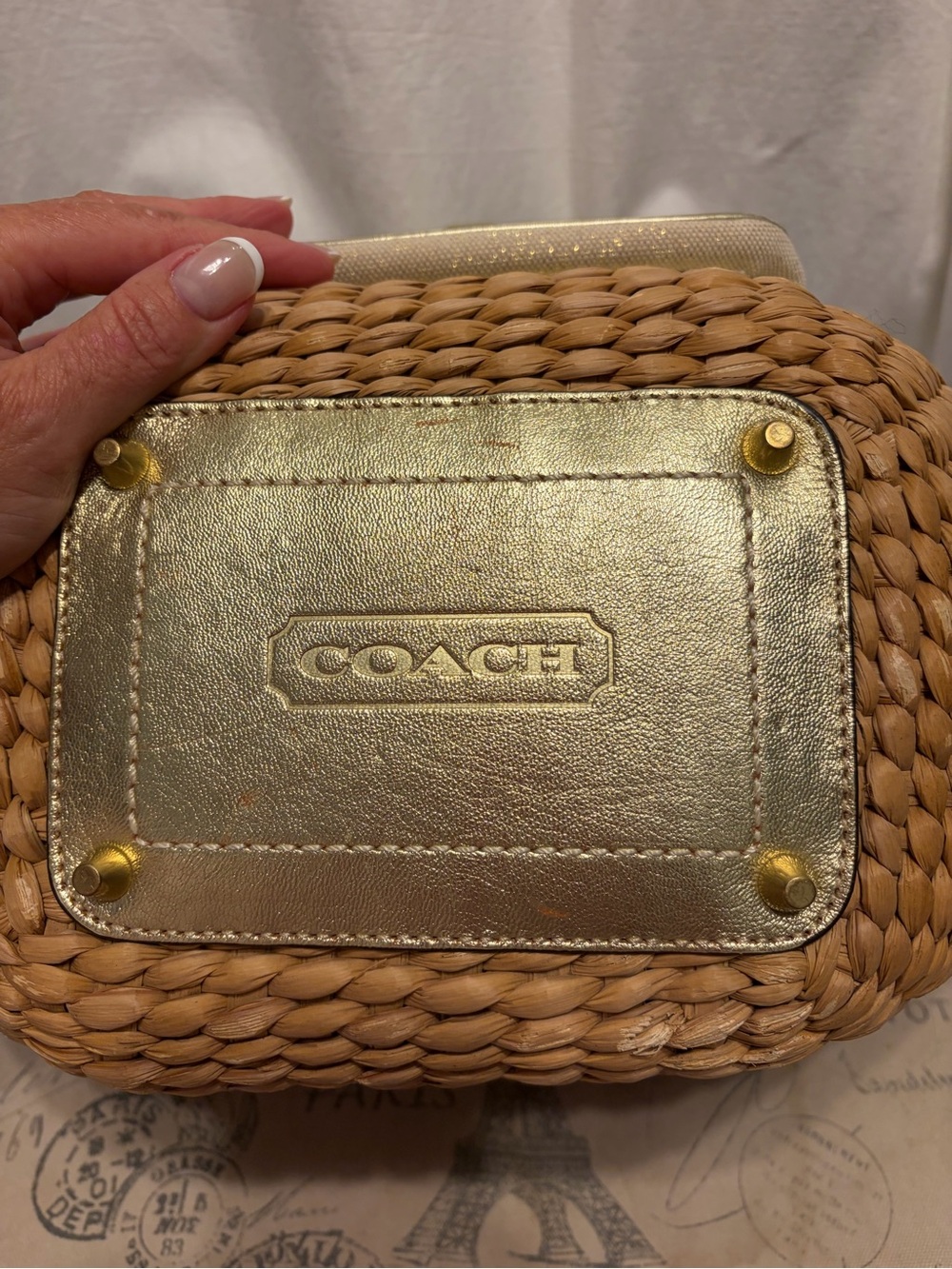 Coach Straw Tote with Multicolor Stripe and Gold Trim - Picture 12 of 13